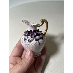 Vintage Lefton China Miniature Pitcher with Violets/Flowers - Gold Trim
